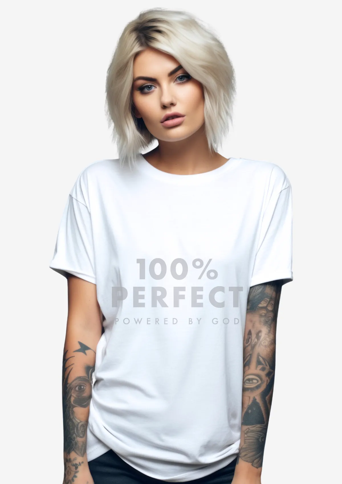 100% Perfect - Powered by God Unisex White T-Shirt