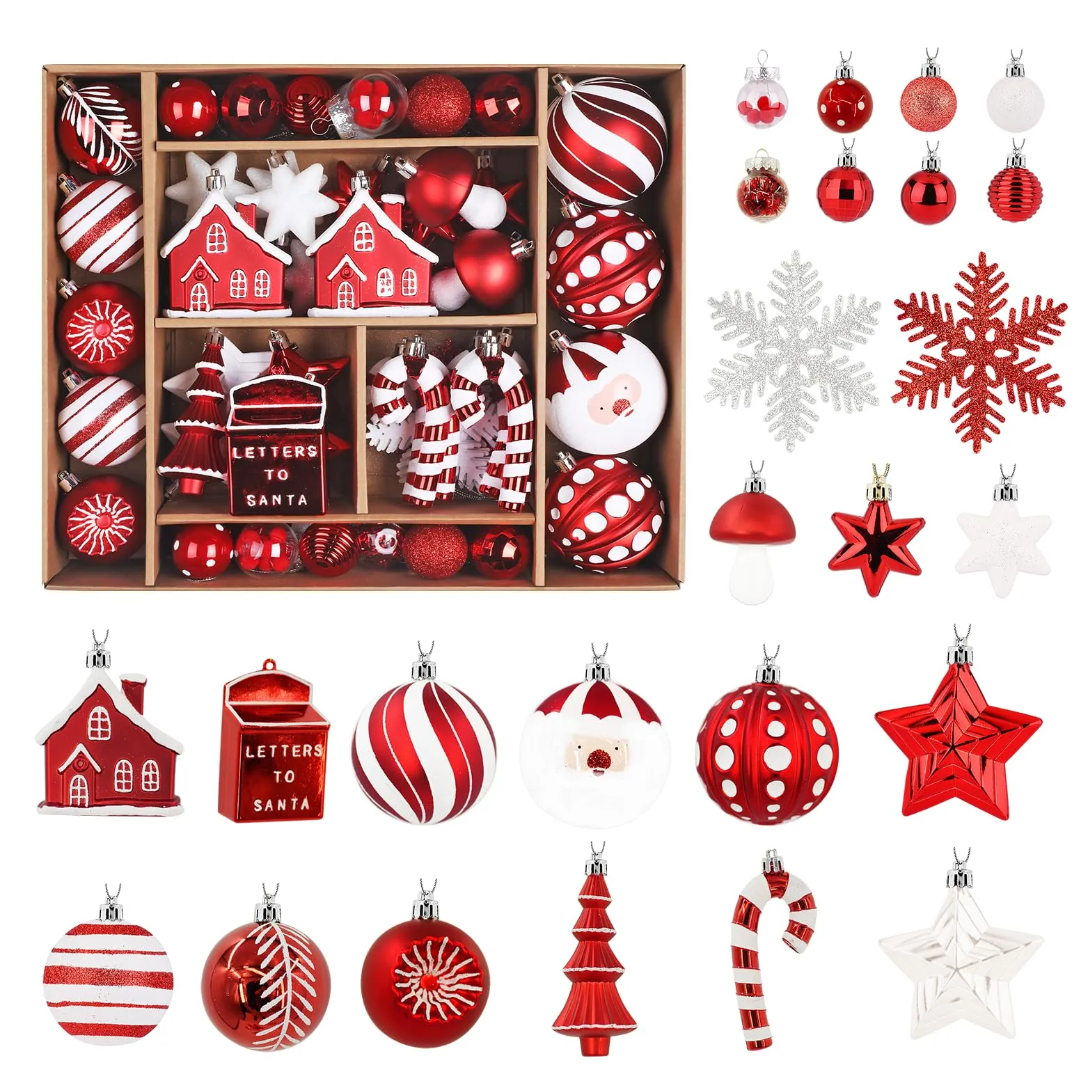 68ct Red & White Christmas Balls Ornaments Set