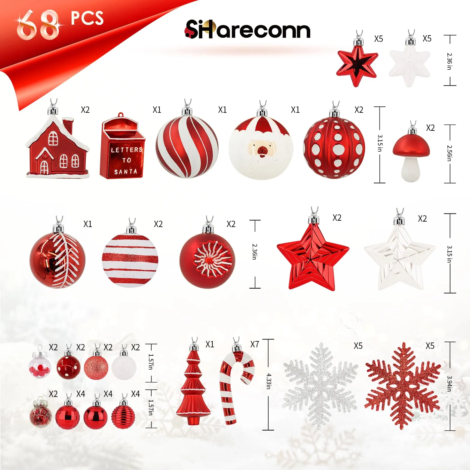 68ct Red & White Christmas Balls Ornaments Set