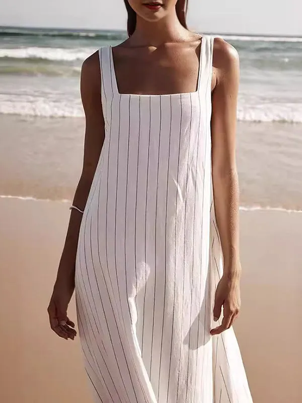 A-Line Loose Striped Square-Neck Maxi Dresses