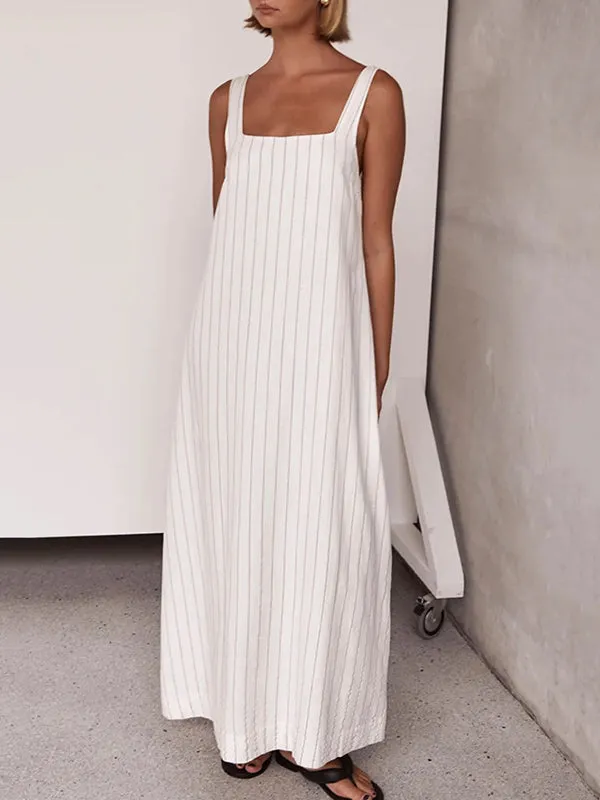 A-Line Loose Striped Square-Neck Maxi Dresses