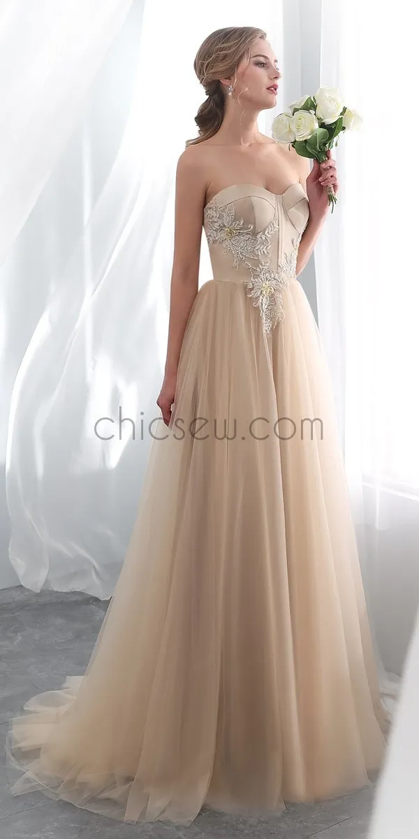 A-Line Sweetheart Champagne Tulle Long Modest Formal Prom Dresses with appliques LMX1129