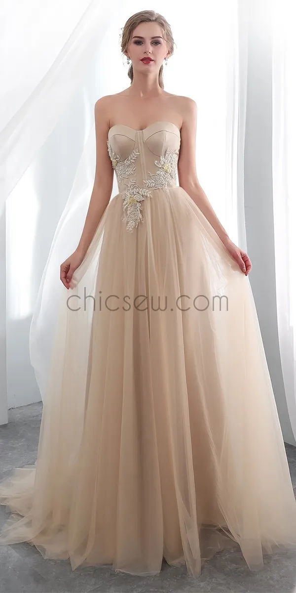 A-Line Sweetheart Champagne Tulle Long Modest Formal Prom Dresses with appliques LMX1129