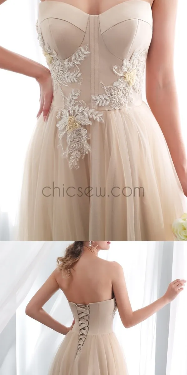 A-Line Sweetheart Champagne Tulle Long Modest Formal Prom Dresses with appliques LMX1129