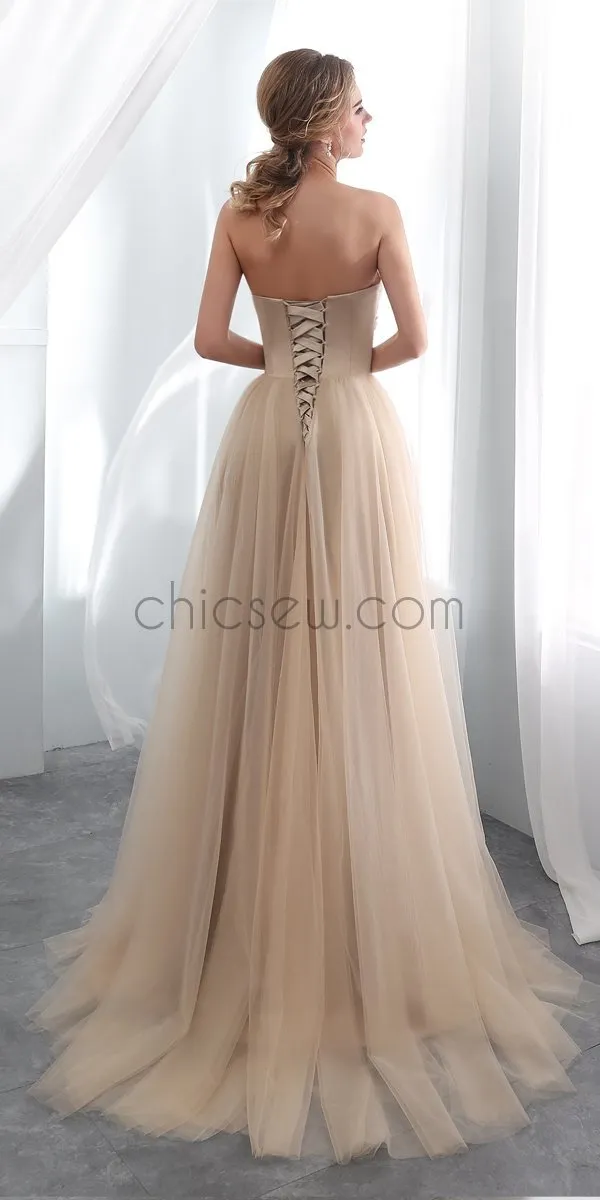 A-Line Sweetheart Champagne Tulle Long Modest Formal Prom Dresses with appliques LMX1129