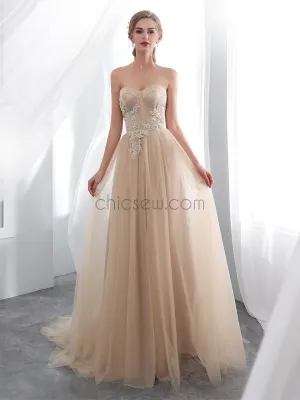 A-Line Sweetheart Champagne Tulle Long Modest Formal Prom Dresses with appliques LMX1129