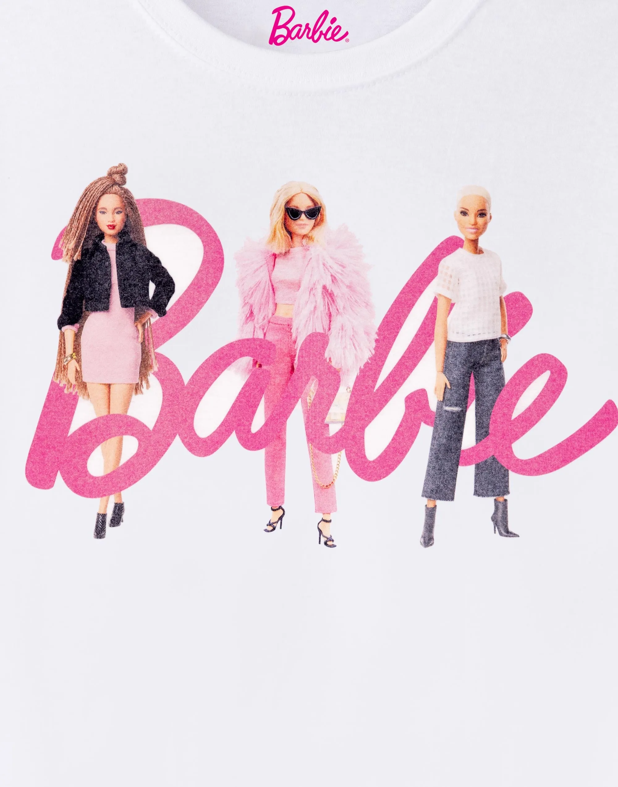 Barbie Dolls In Logo Womens White Short Sleeved T-Shirt