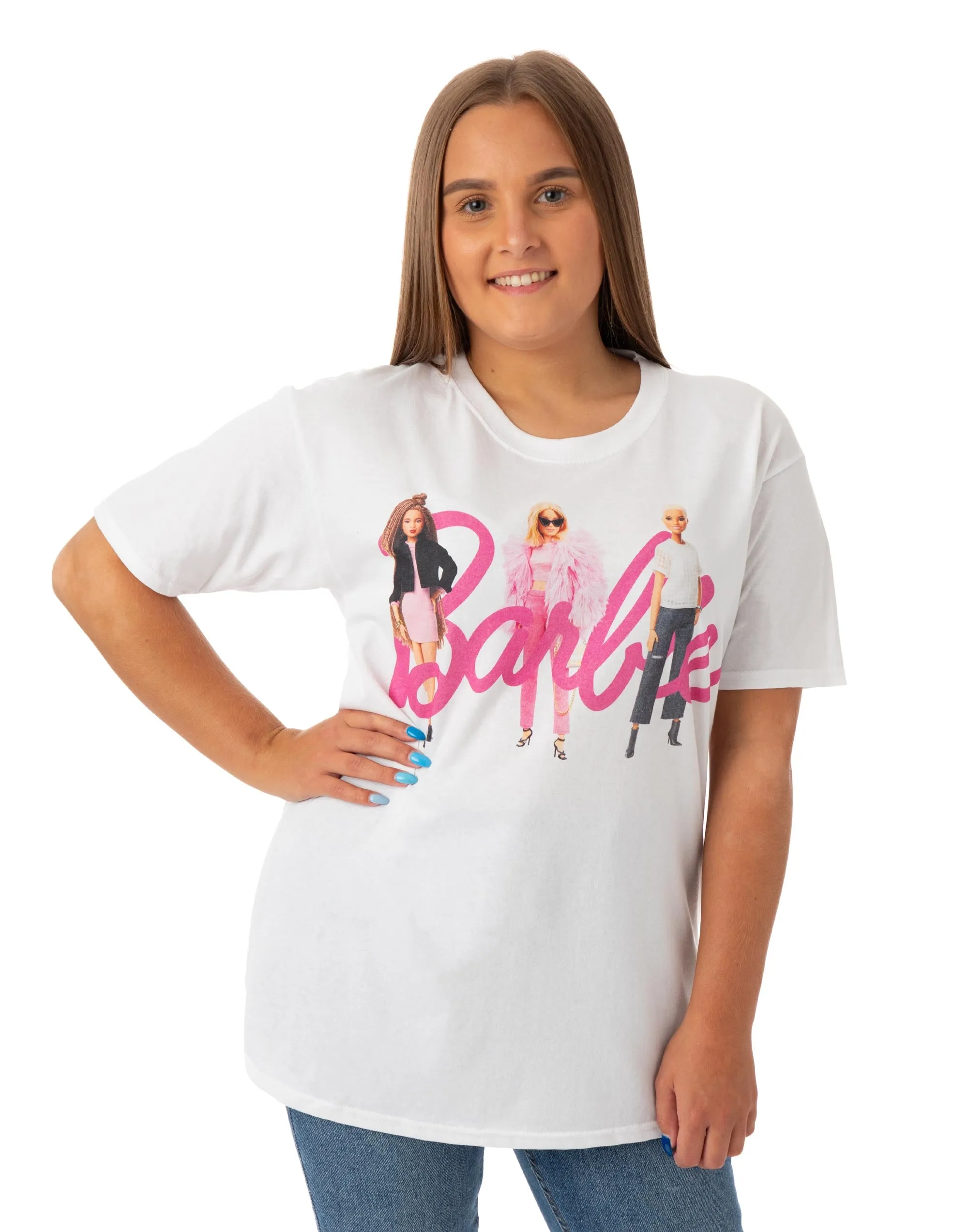 Barbie Dolls In Logo Womens White Short Sleeved T-Shirt