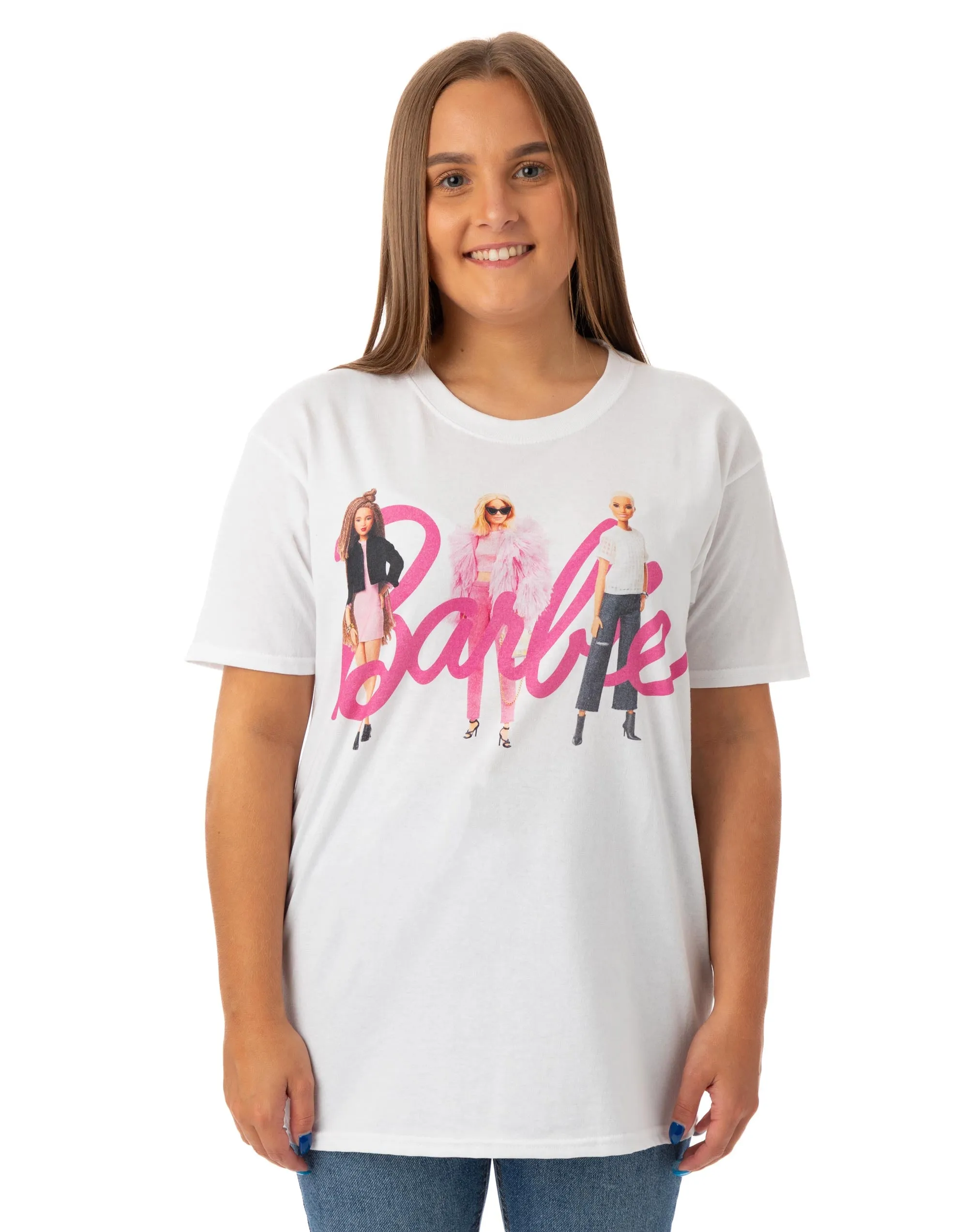 Barbie Dolls In Logo Womens White Short Sleeved T-Shirt