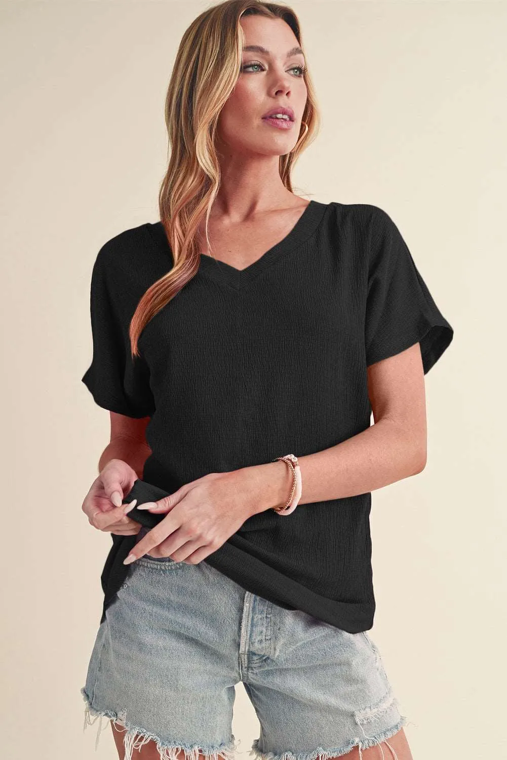 Black Plain Crinkled V Neck Short Sleeve Blouse