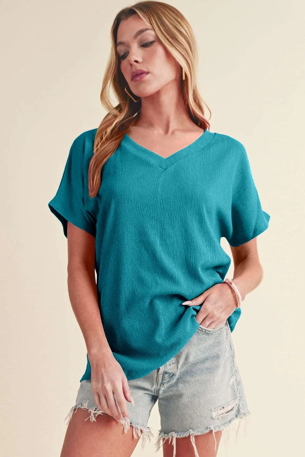 Black Plain Crinkled V Neck Short Sleeve Blouse