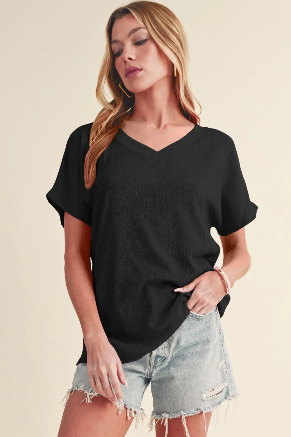 Black Plain Crinkled V Neck Short Sleeve Blouse