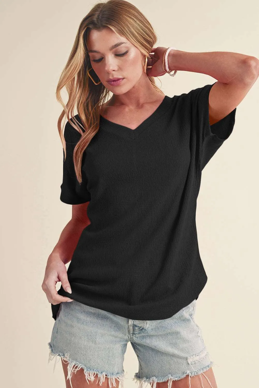 Black Plain Crinkled V Neck Short Sleeve Blouse