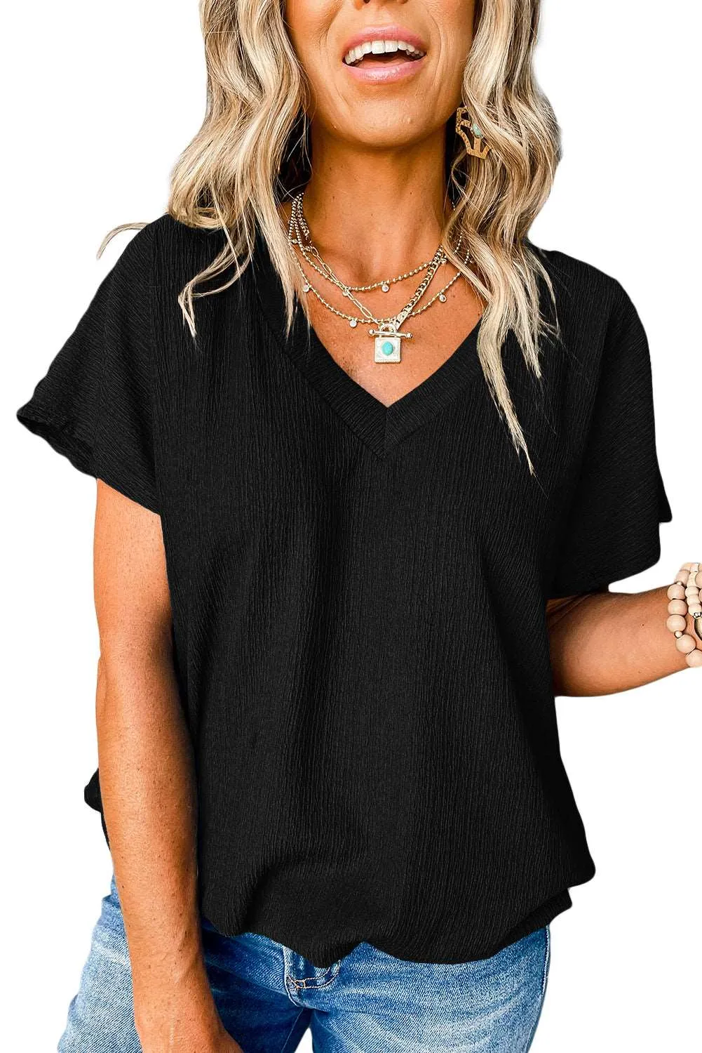 Black Plain Crinkled V Neck Short Sleeve Blouse