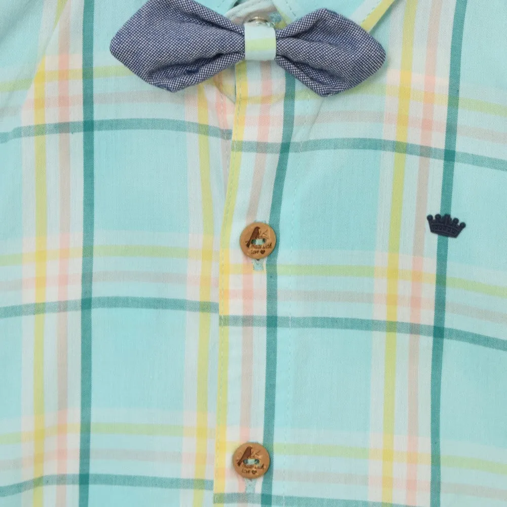 Blue Plaid Checked Shirt With White Shorts & Bow Tie