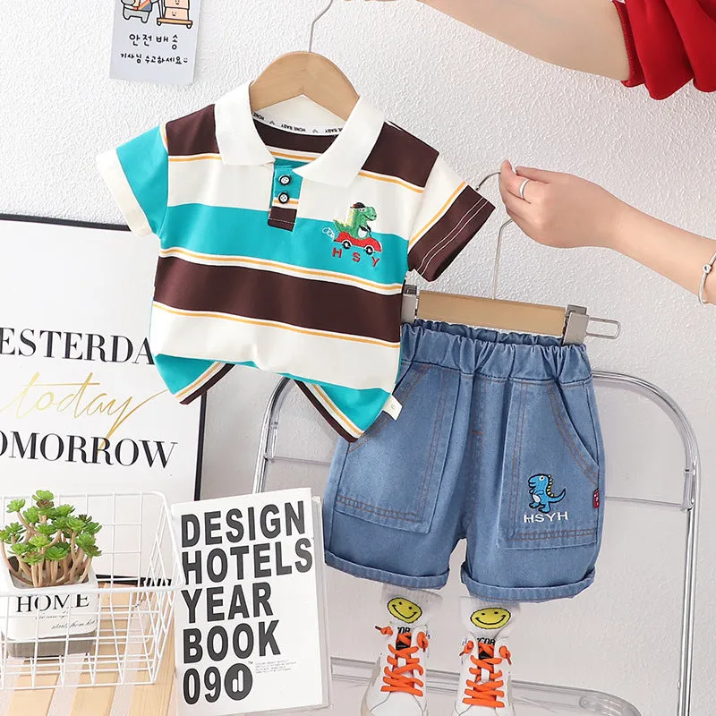 Boys' Polo Collar Stripes Short-sleeved Shorts Suit