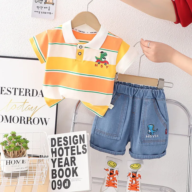 Boys' Polo Collar Stripes Short-sleeved Shorts Suit