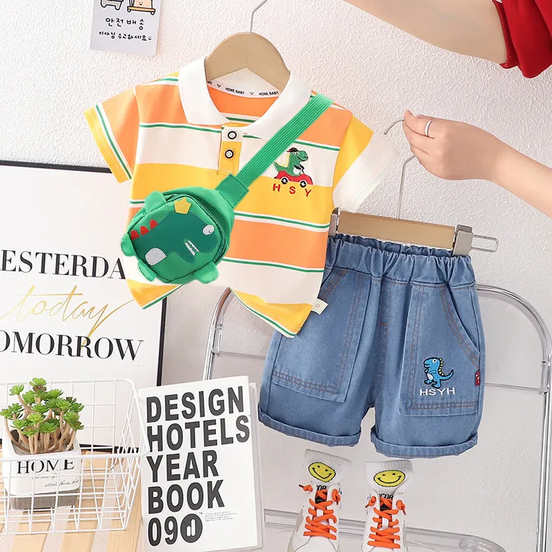 Boys' Polo Collar Stripes Short-sleeved Shorts Suit