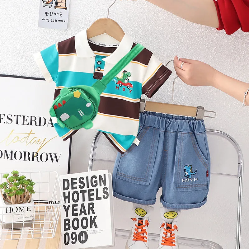 Boys' Polo Collar Stripes Short-sleeved Shorts Suit