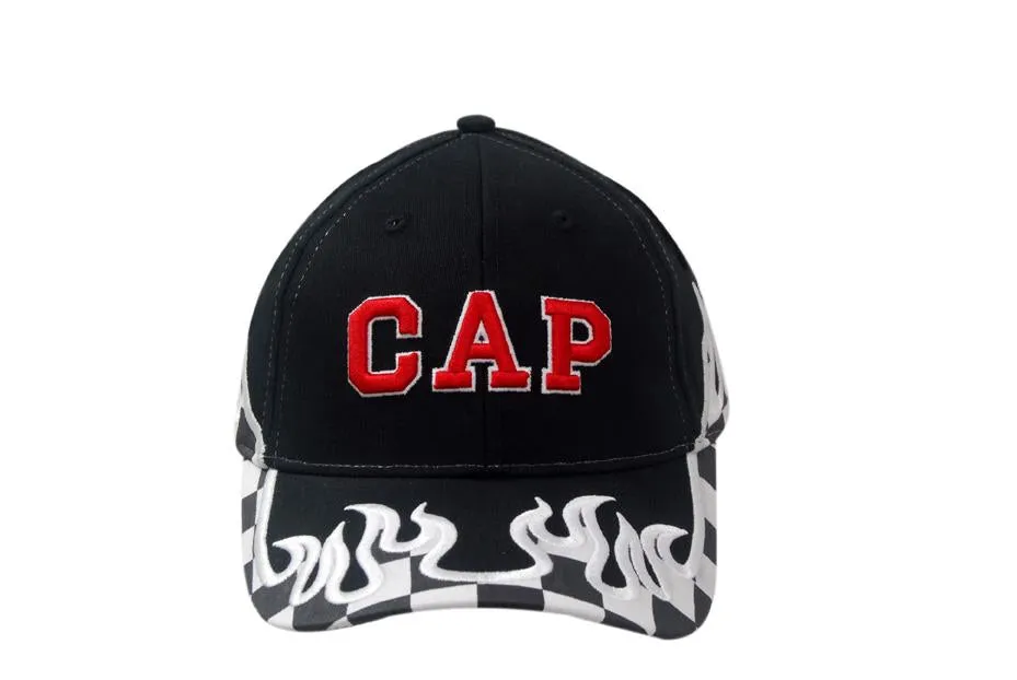 BRUSHED HEAVY COTTON CAP WITH PRINTED CHECKS/FLAME EMBROIDERY ON CROWN & PEAK