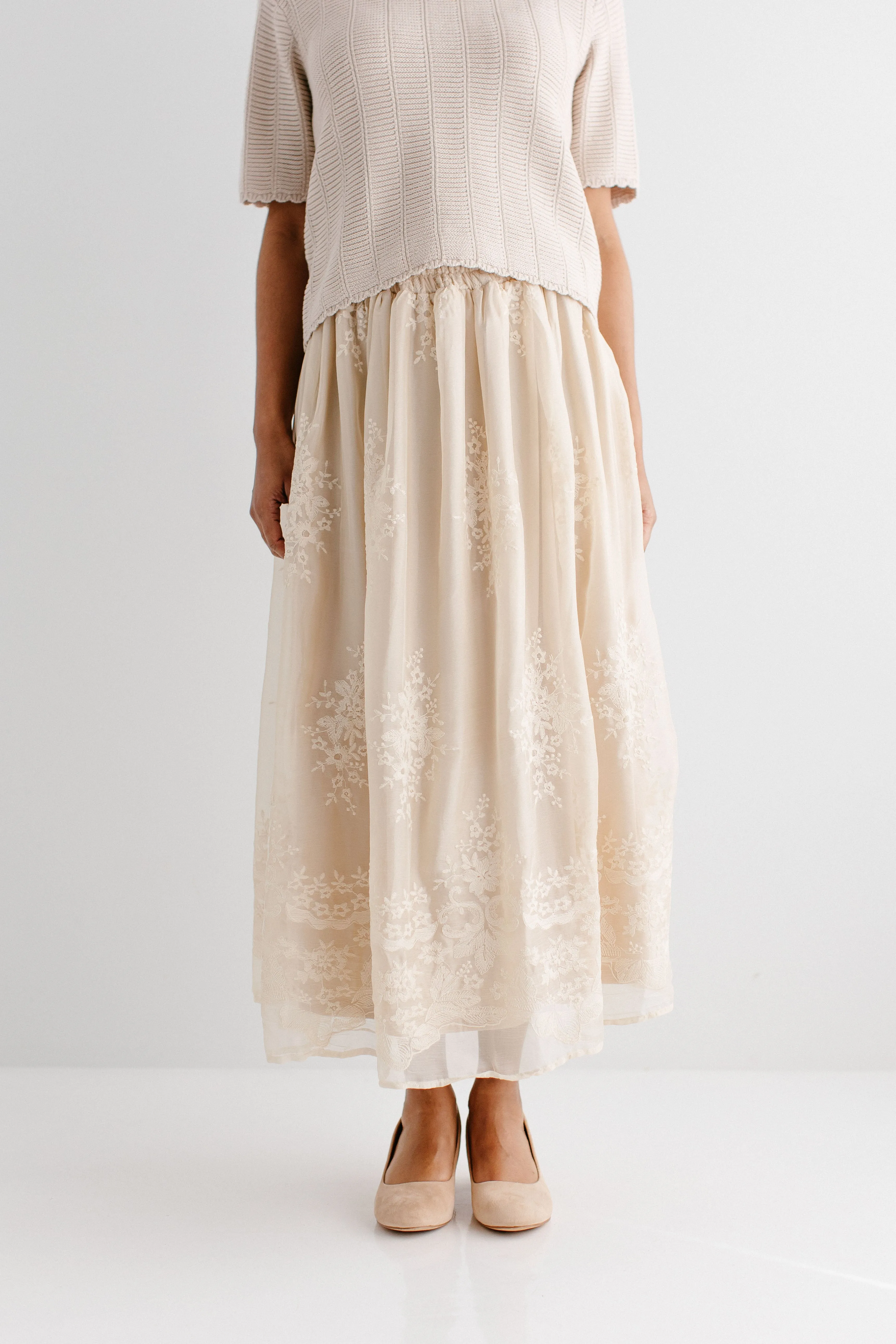 'Celeste' Embroidered A-Line Maxi Skirt in Champagne