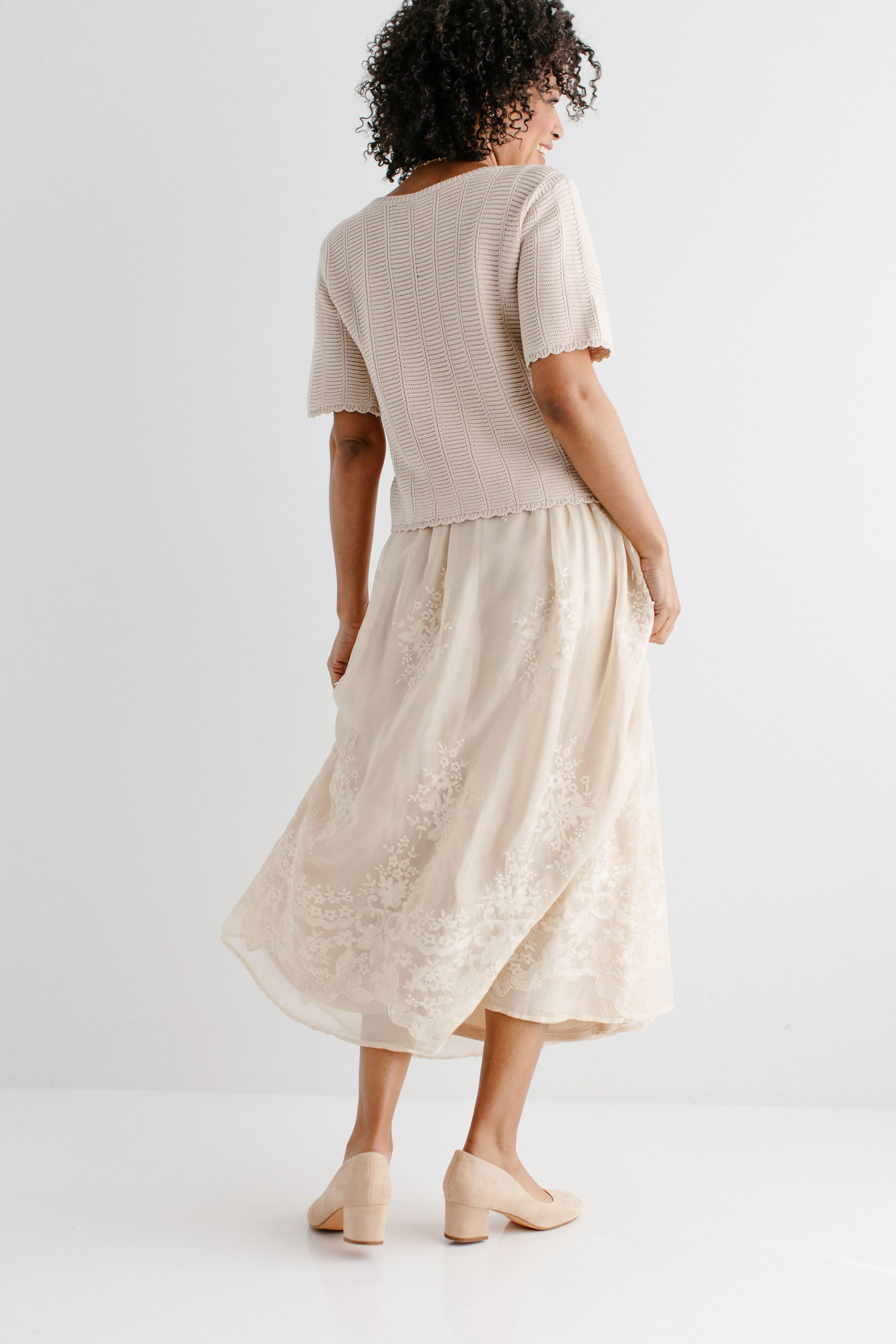 'Celeste' Embroidered A-Line Maxi Skirt in Champagne