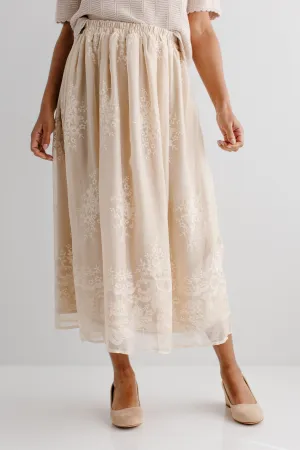 'Celeste' Embroidered A-Line Maxi Skirt in Champagne