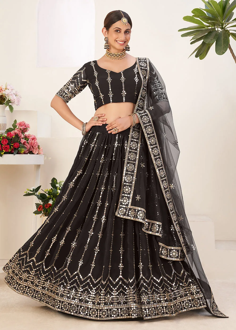 Charming Black Bordered Sequins Sangeet Wear Lehenga Choli