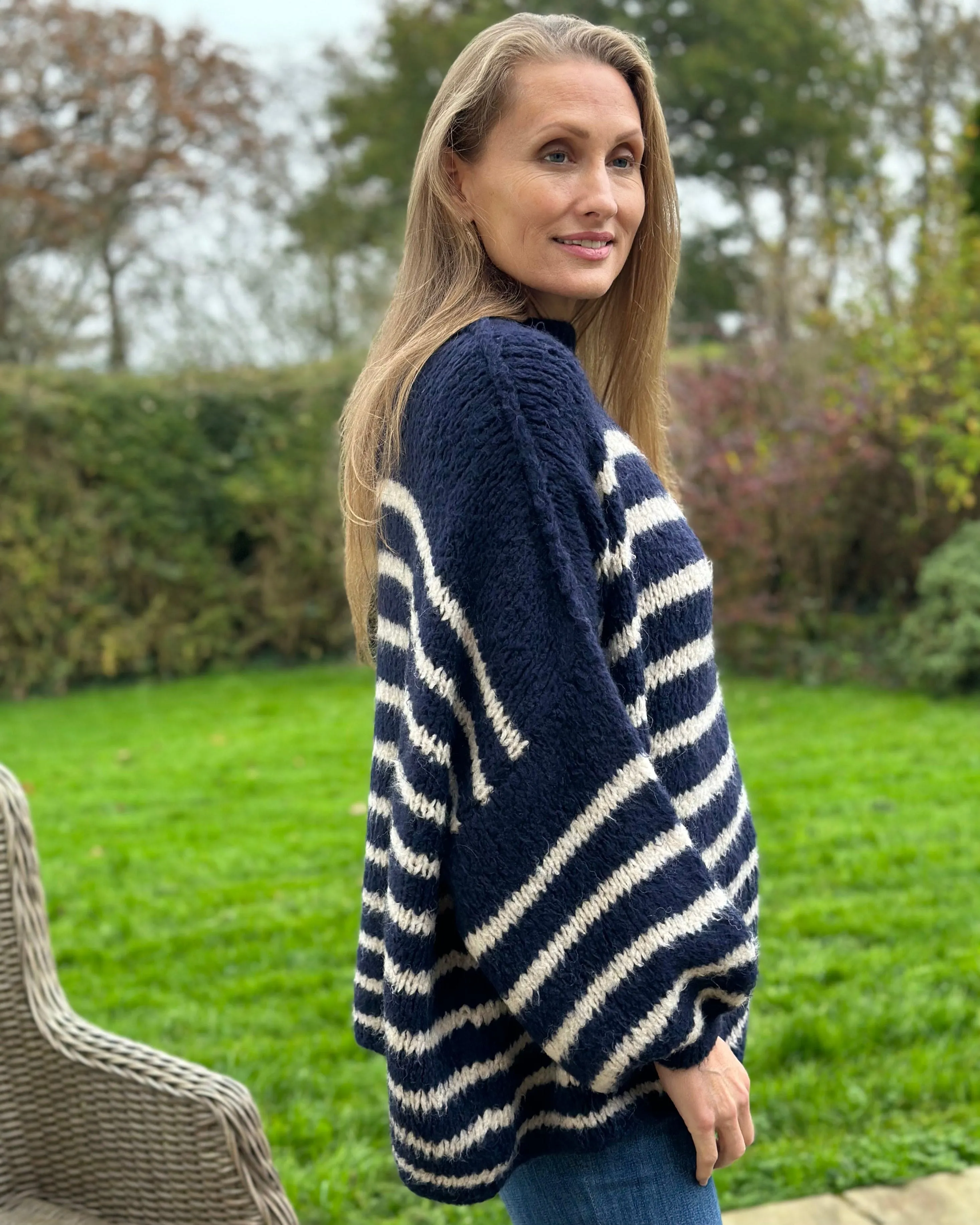 Chunky Knit Striped Jumper - Navy