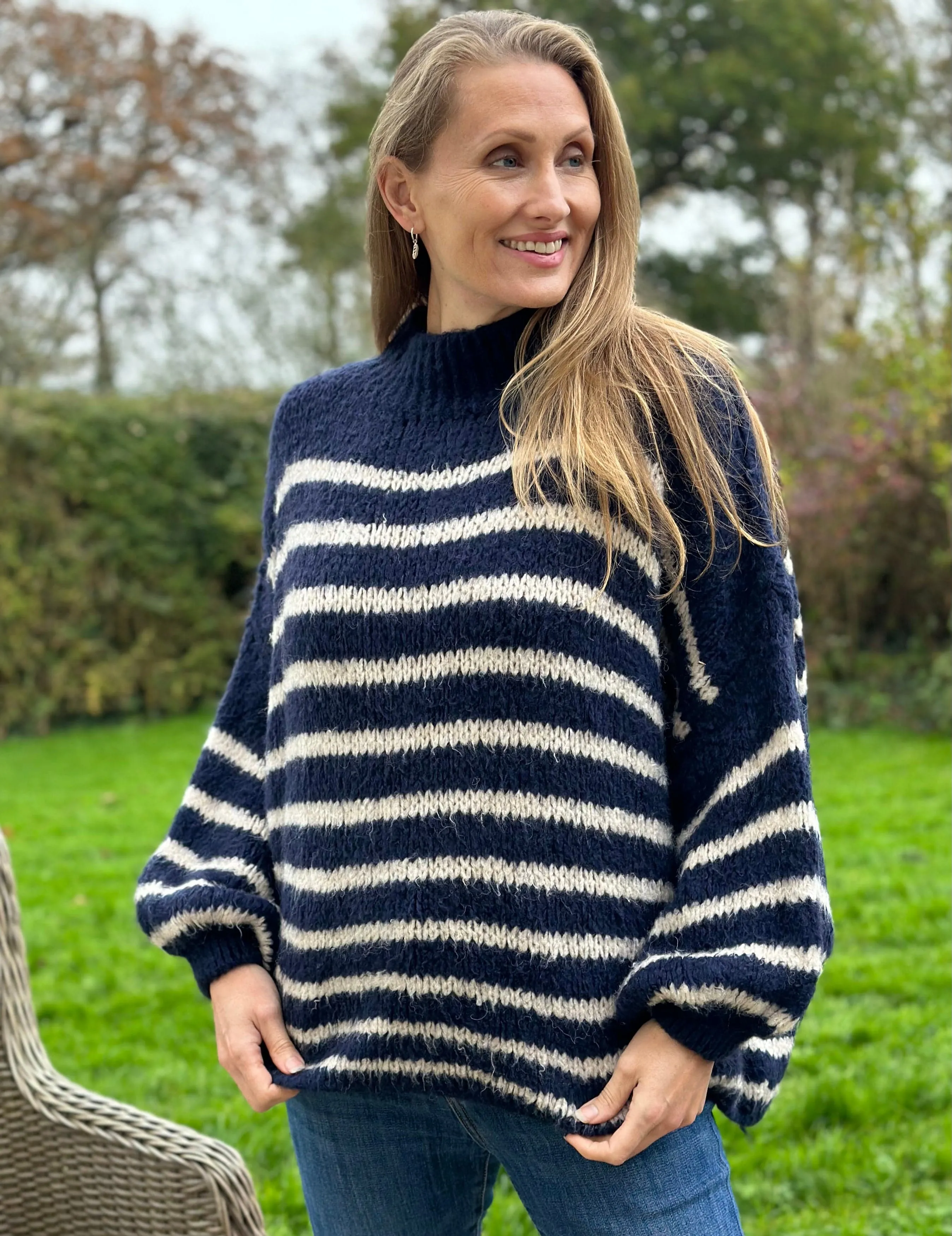 Chunky Knit Striped Jumper - Navy