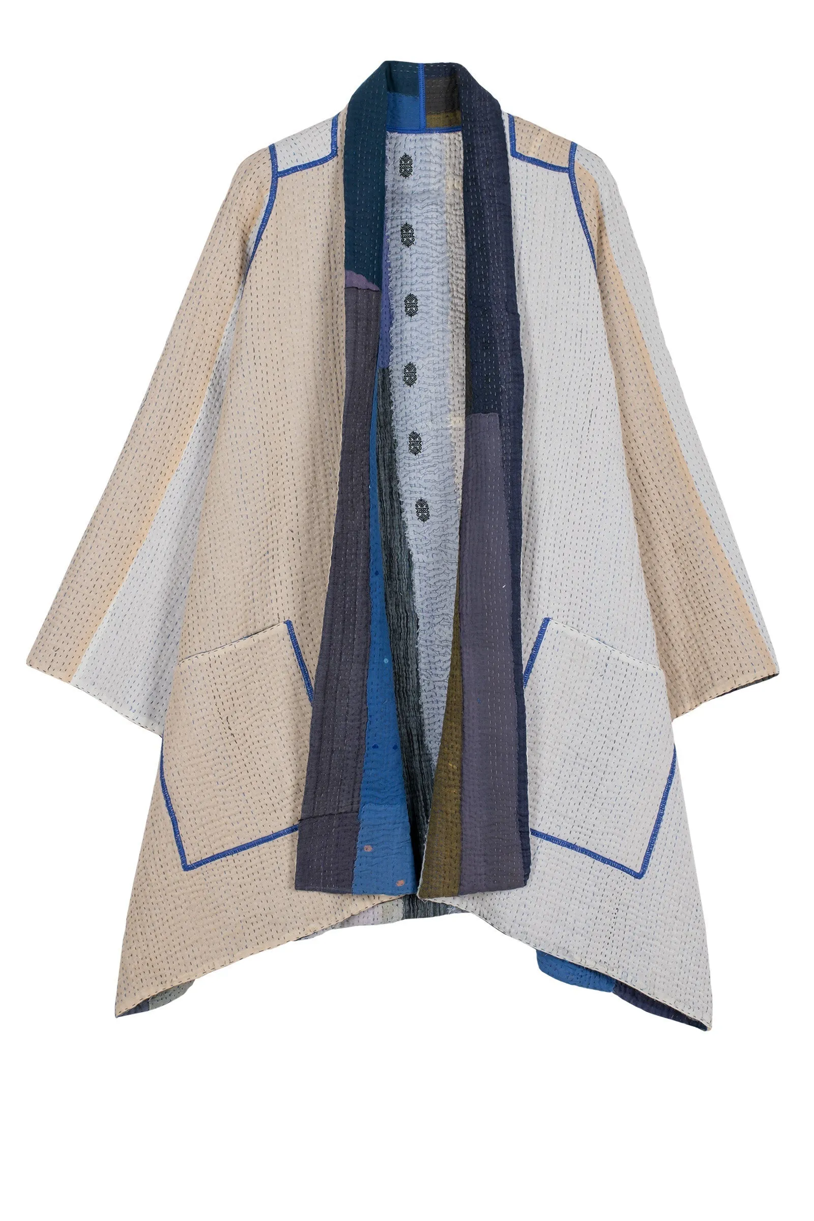 COTTON STRIPE PATCH KANTHA A-LINE JKT - cs4003-blu -