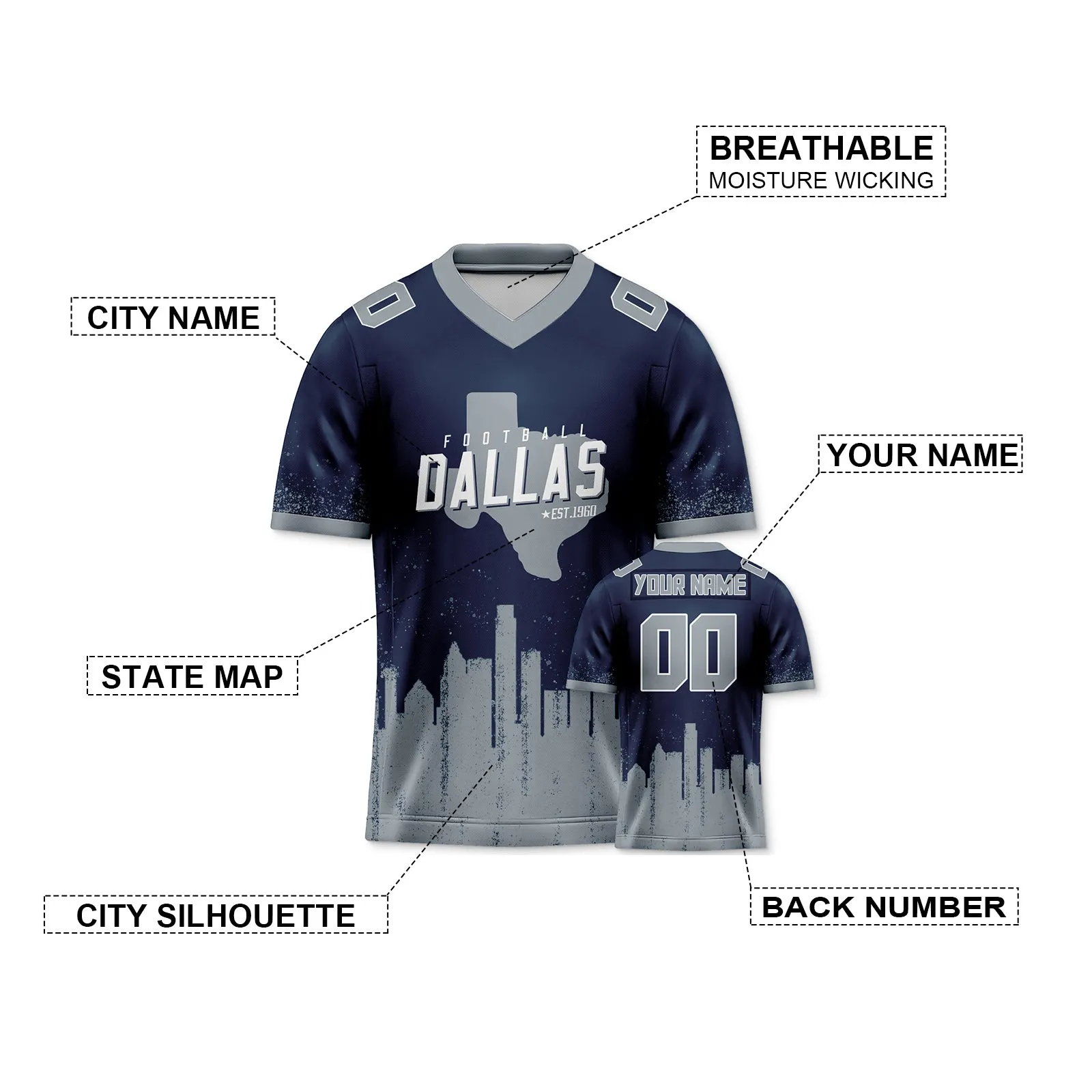 Custom Football Jersey Dallas Cowboys City Map Graffiti Shirt Unisex Personalized Name and Number for Men Women Youth Football Fans Gift