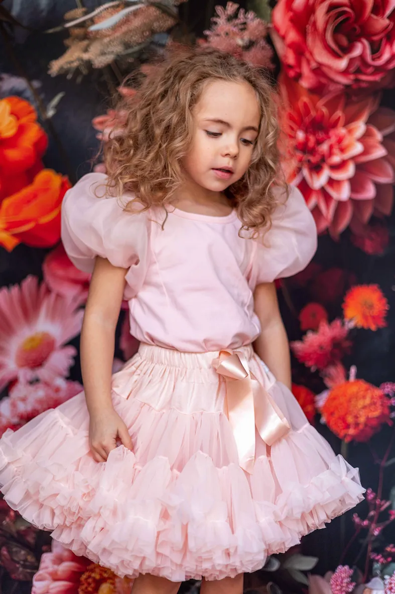 DOLLY WORLD SHORT PUFF SLEEVE ORGANZA DRESS WITH COTTON BODY dollypink