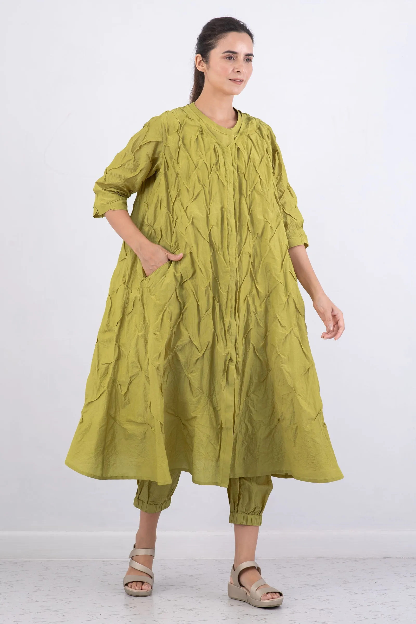 DYED COTTON SILK VOILE WAVY TUCK A-LINE DRESS - dc1453-cha -