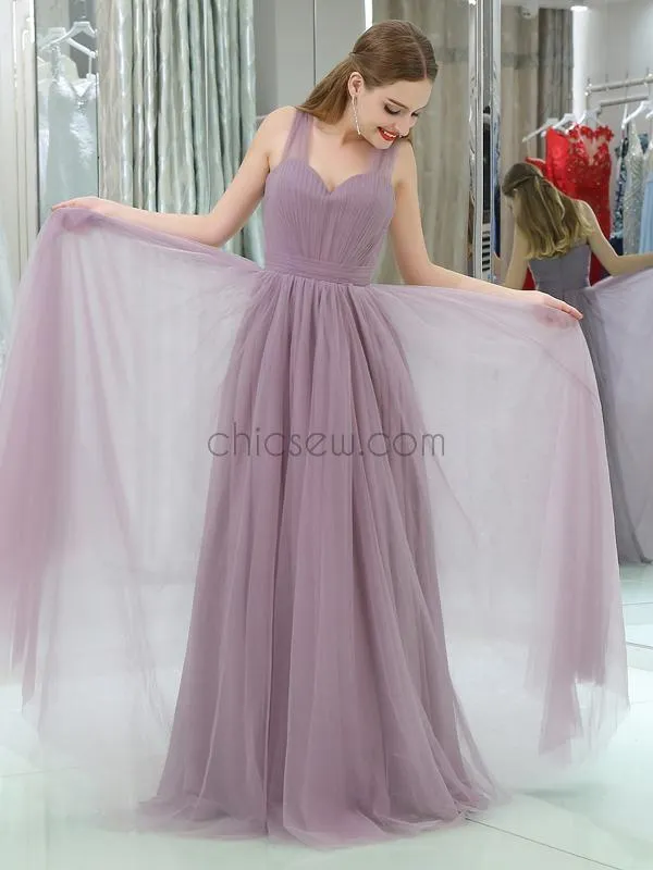 Elegant A-line Tulle Sleeveless Floor-Length Bridesmaid Dresses, YKX063