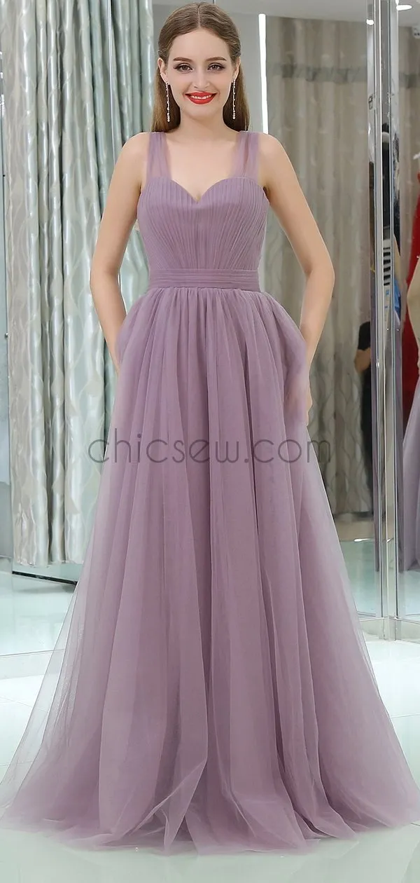 Elegant A-line Tulle Sleeveless Floor-Length Bridesmaid Dresses, YKX063