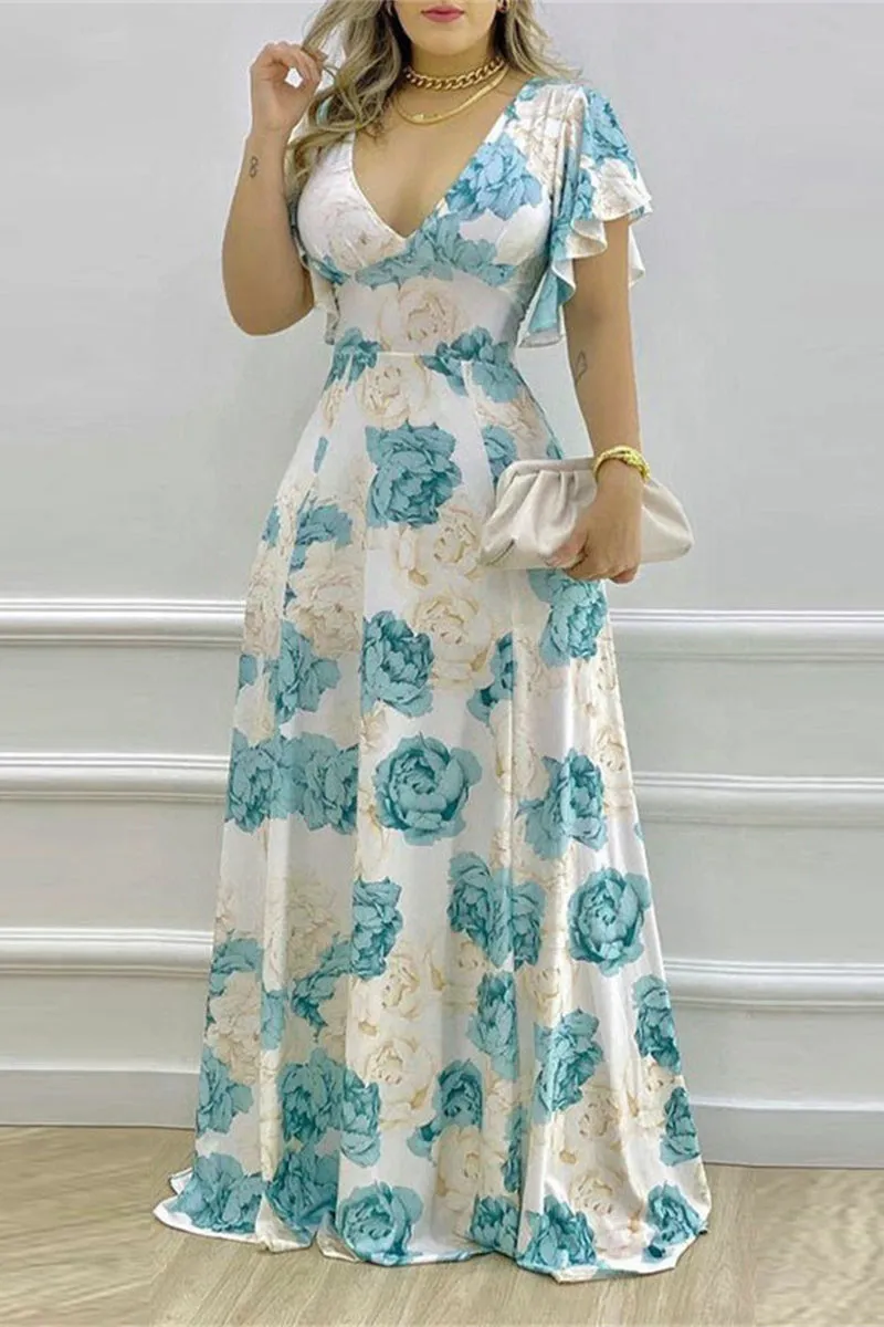 Elegant Print Flowers Flounce V Neck A Line Dresses