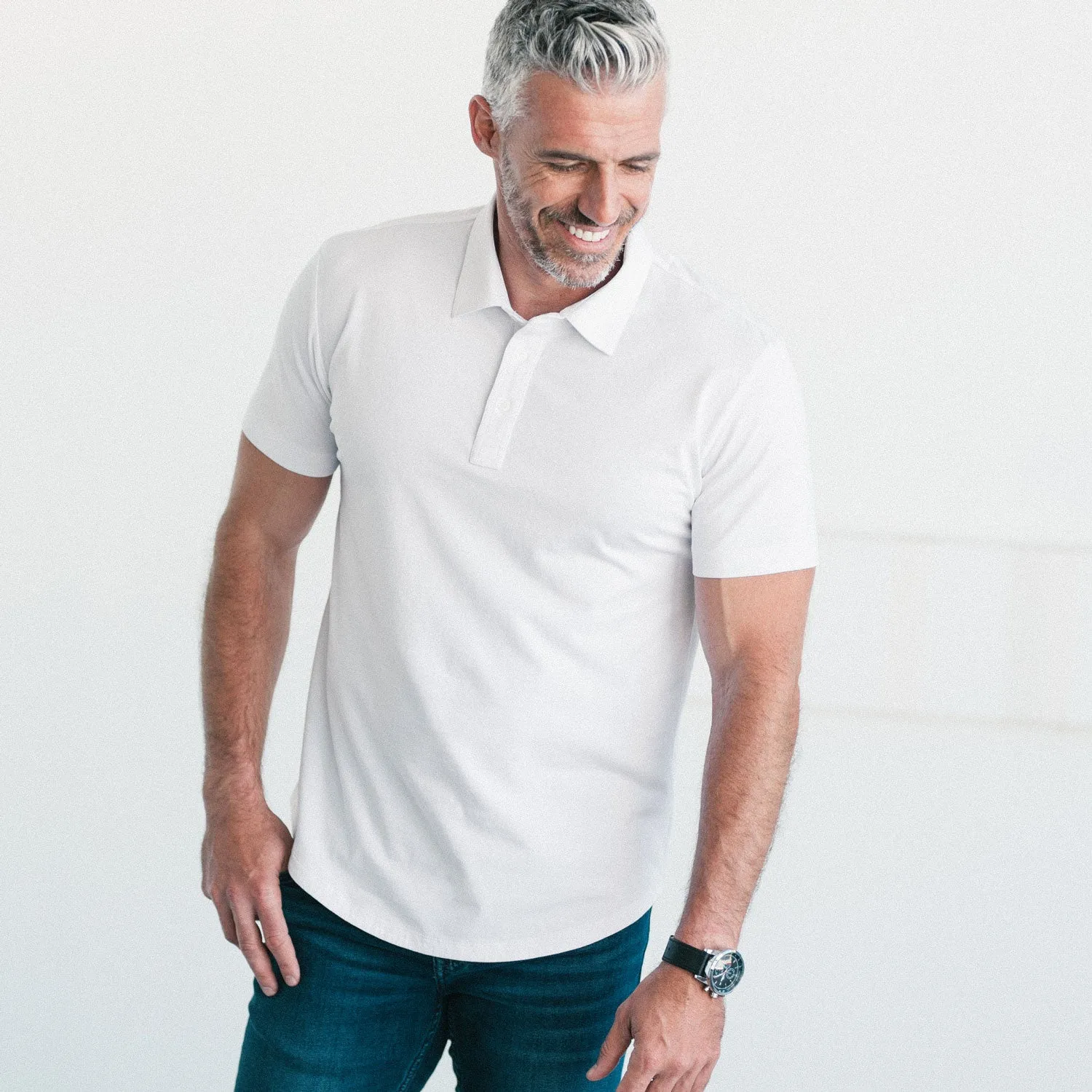 Essential Short Sleeve Curved Hem Polo Shirt –  Pure White Cotton Jersey