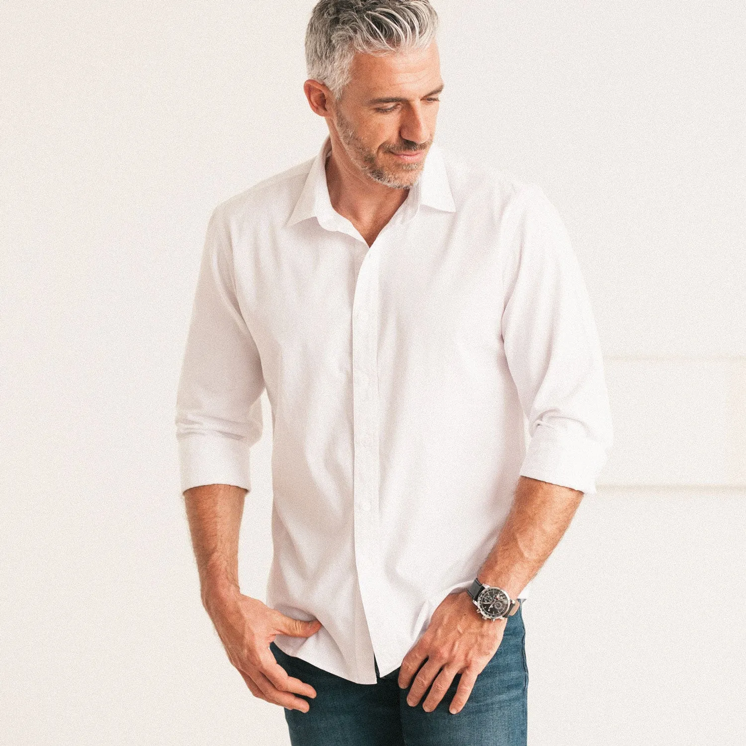 Essential Spread Collar Casual Shirt - Pure White Cotton Twill