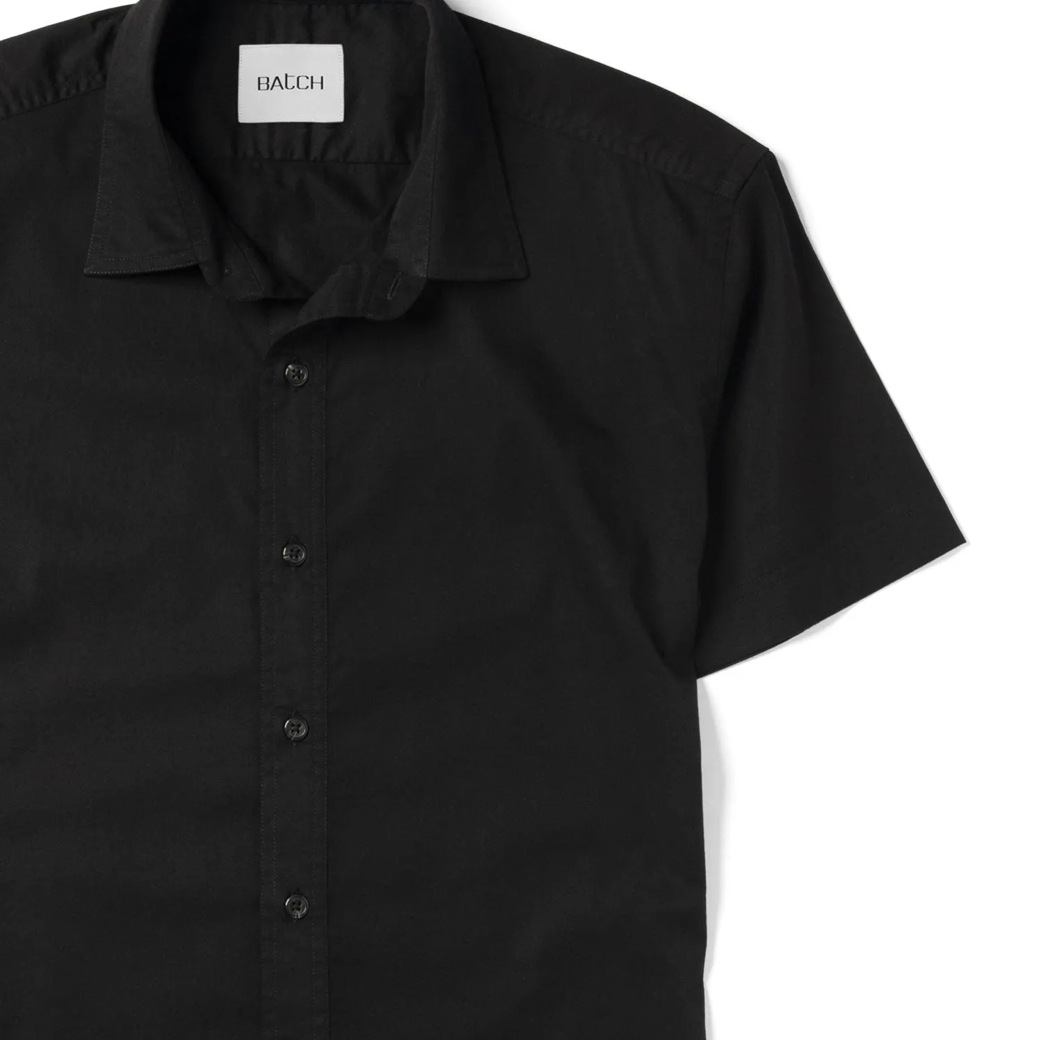 Essential Spread Collar Casual Short Sleeve Shirt - Jet Black Stretch Cotton Poplin