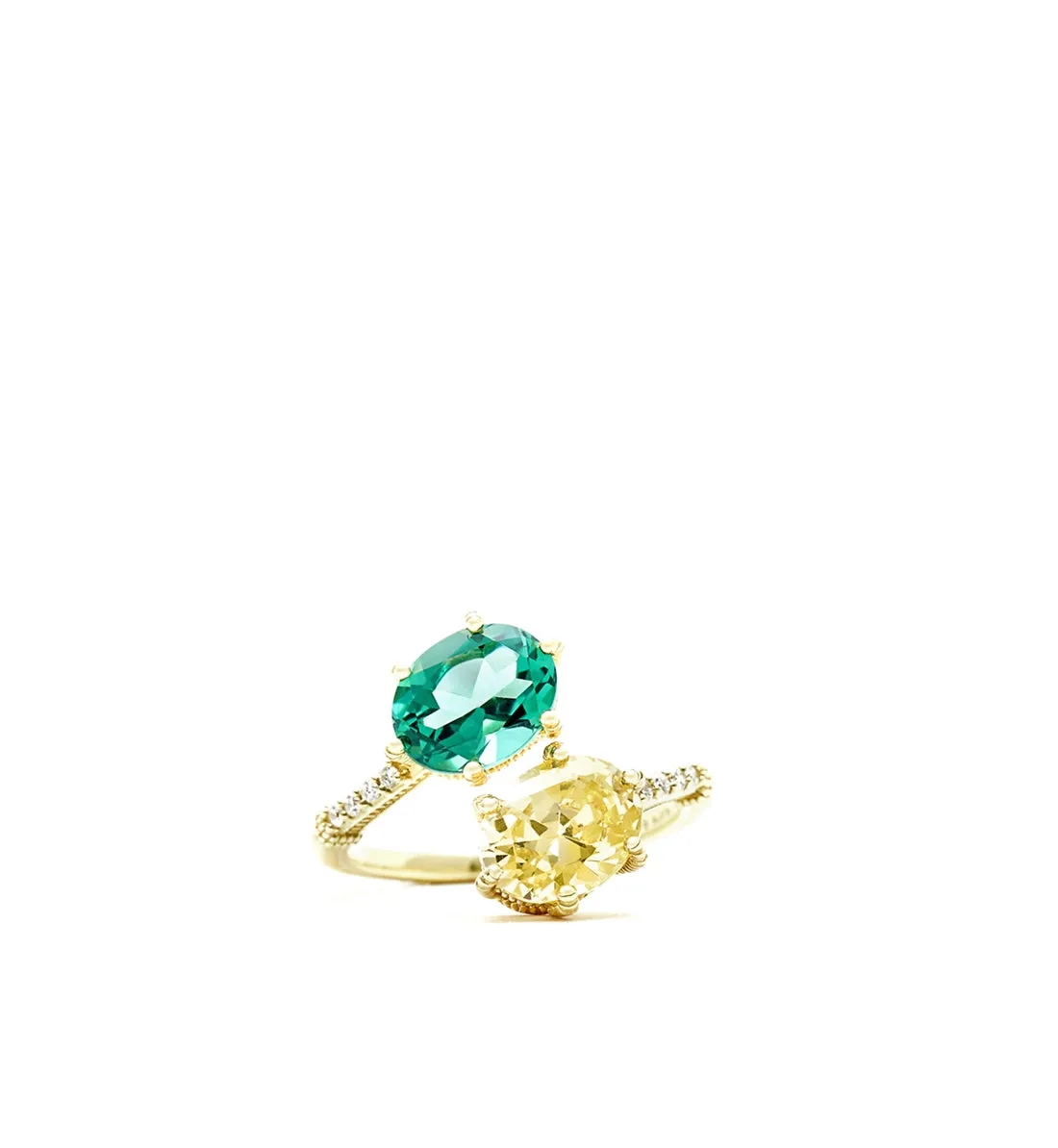 Flora Canary Crystal And Green Quartz Bypass Ring With Pave Diamonds