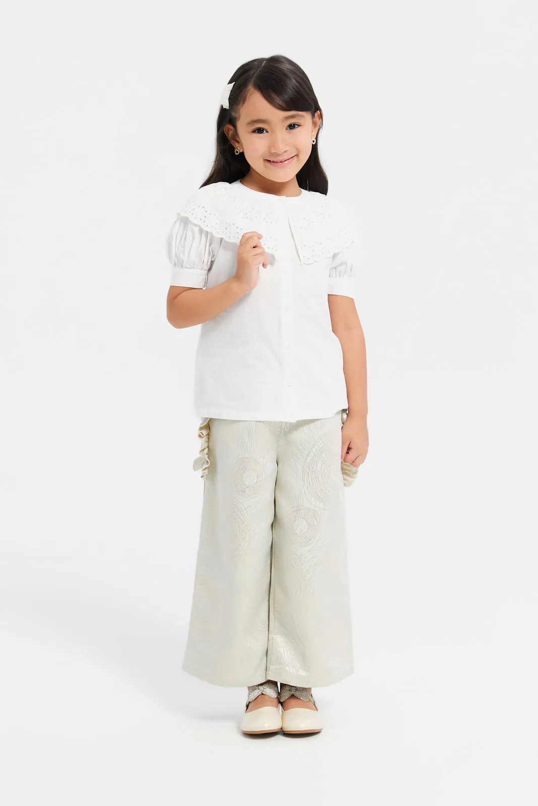 Girls White Schiffli Lace Collar Shirt