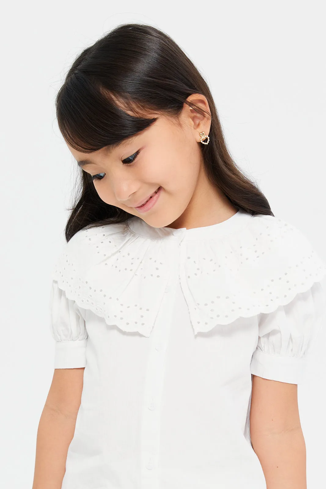 Girls White Schiffli Lace Collar Shirt