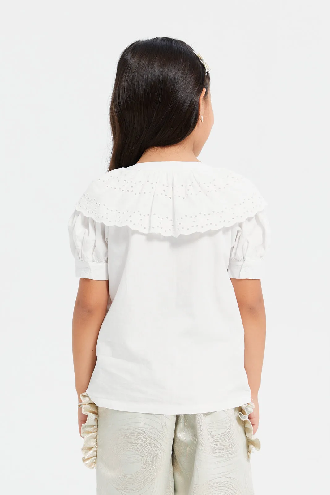 Girls White Schiffli Lace Collar Shirt