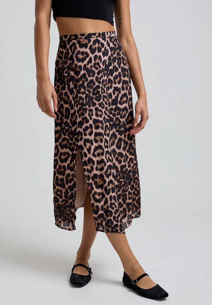 Grace Side Slit Big Cat Print Midi Skirt In Brown