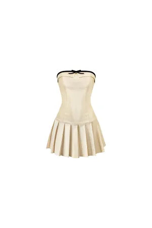 Gretchen Strapless Ribbon Pleated Dress (Taupe)