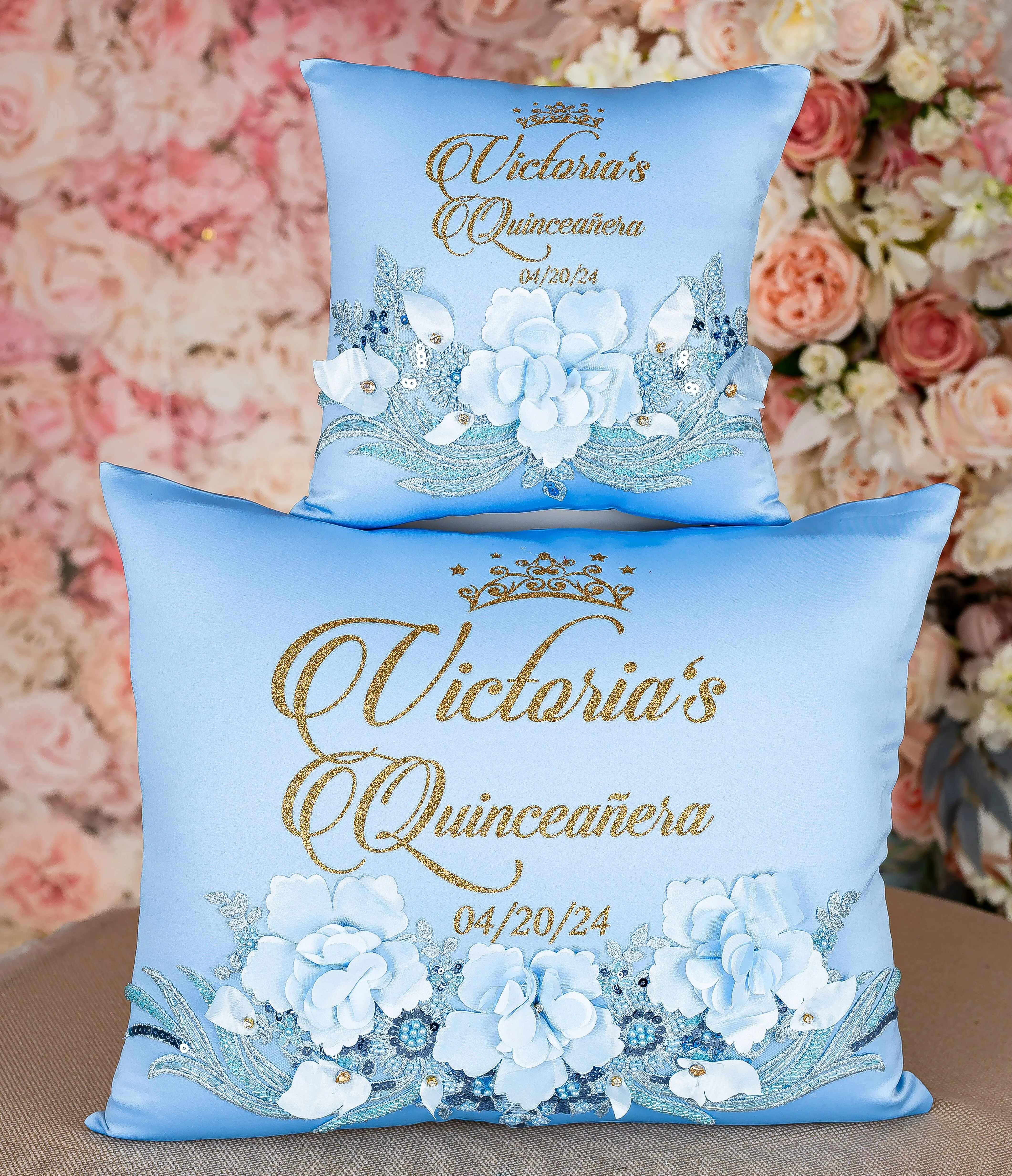 Light Blue Gold quinceanera tiara pillow