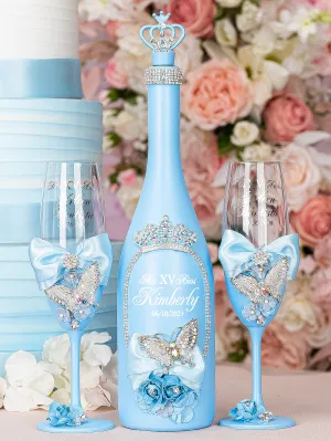 Light blue with butterflies quinceanera bottle with 2 glasses