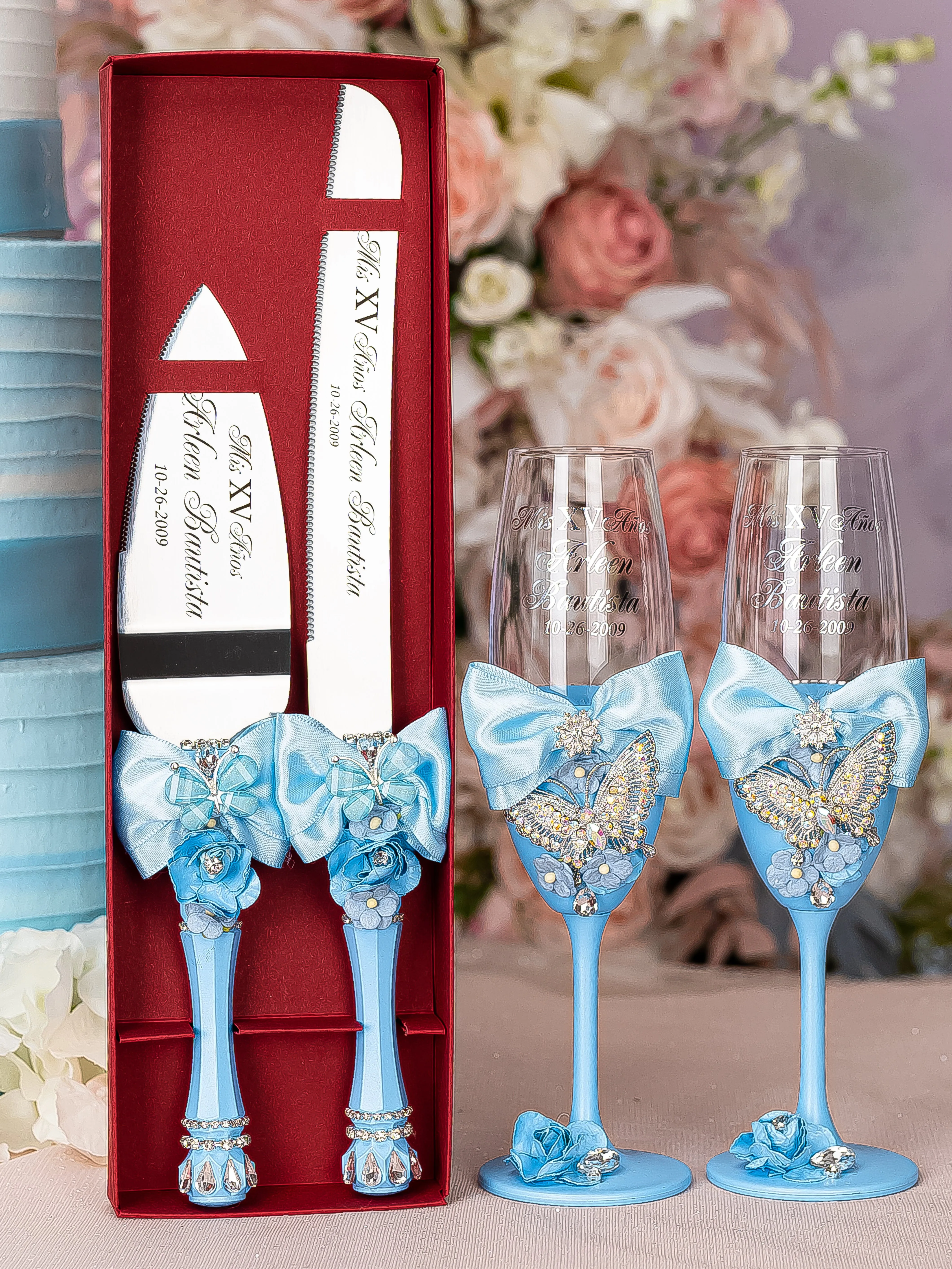 Light blue with butterflies quinceanera bottle with 2 glasses