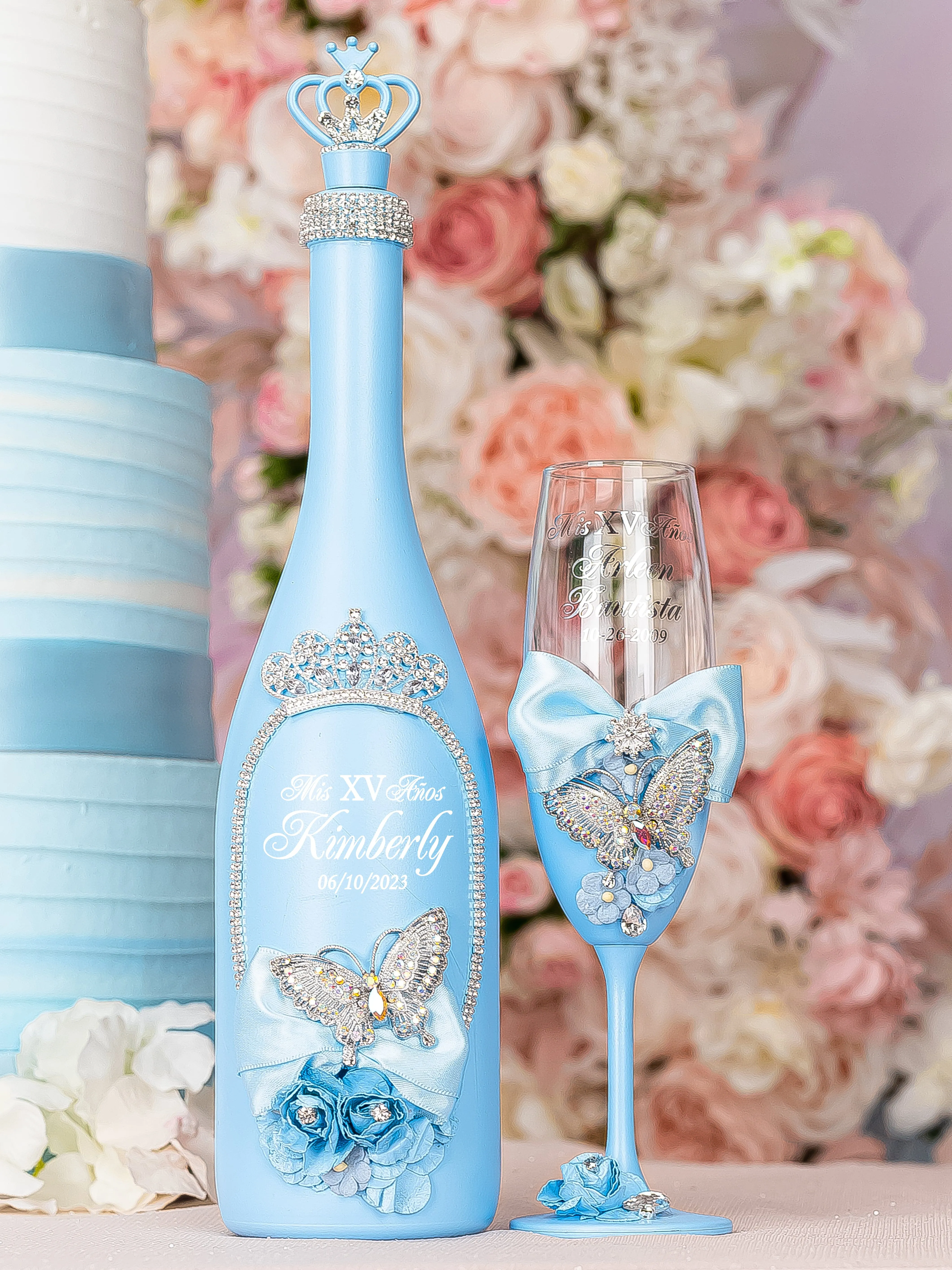 Light blue with butterflies Quinceanera Bottle